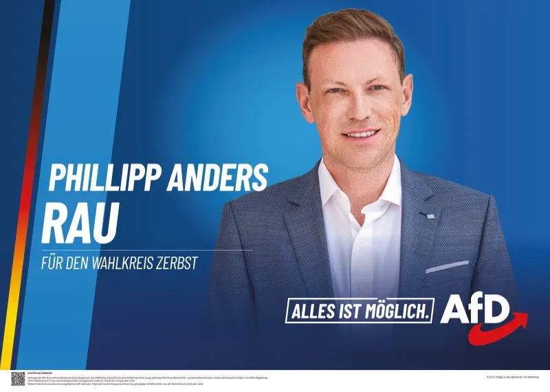 Wahlplakat Phillipp-Anders Rau (AfD) — Direktkandidat für den Wahlkreis Zerbst, Landtagswahl Sachsen-Anhalt am 6. September 2026